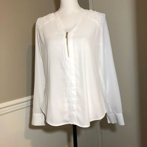 Express White Smocked Shoulder 1/4 Zip Blouse